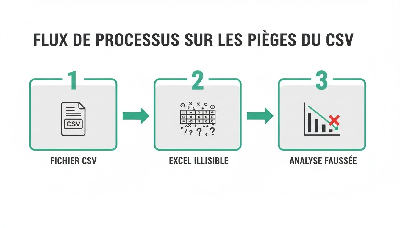 Diagramme illustrant les pièges courants des fichiers CSV : du fichier initial à l'analyse faussée.