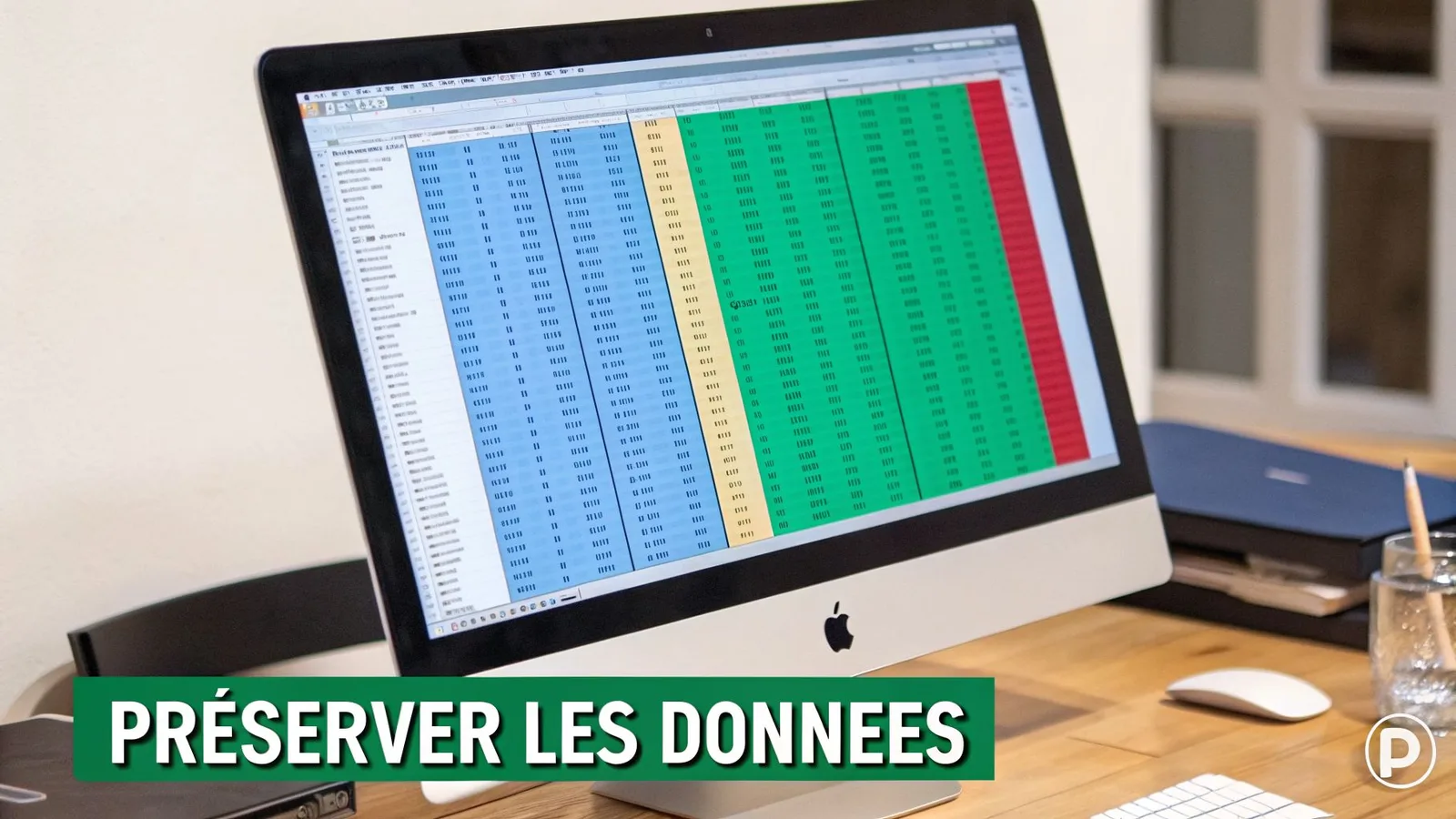 Ordinateur iMac sur un bureau en bois, affichant une feuille de calcul colorée avec des données.