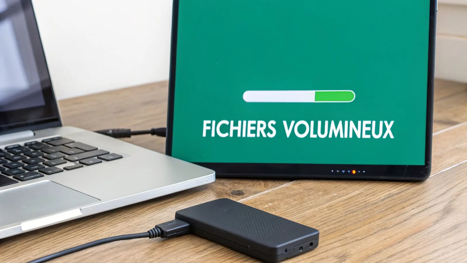 Écran affichant "Fichiers Volumineux" avec une barre de progression, un ordinateur portable et un disque dur externe.