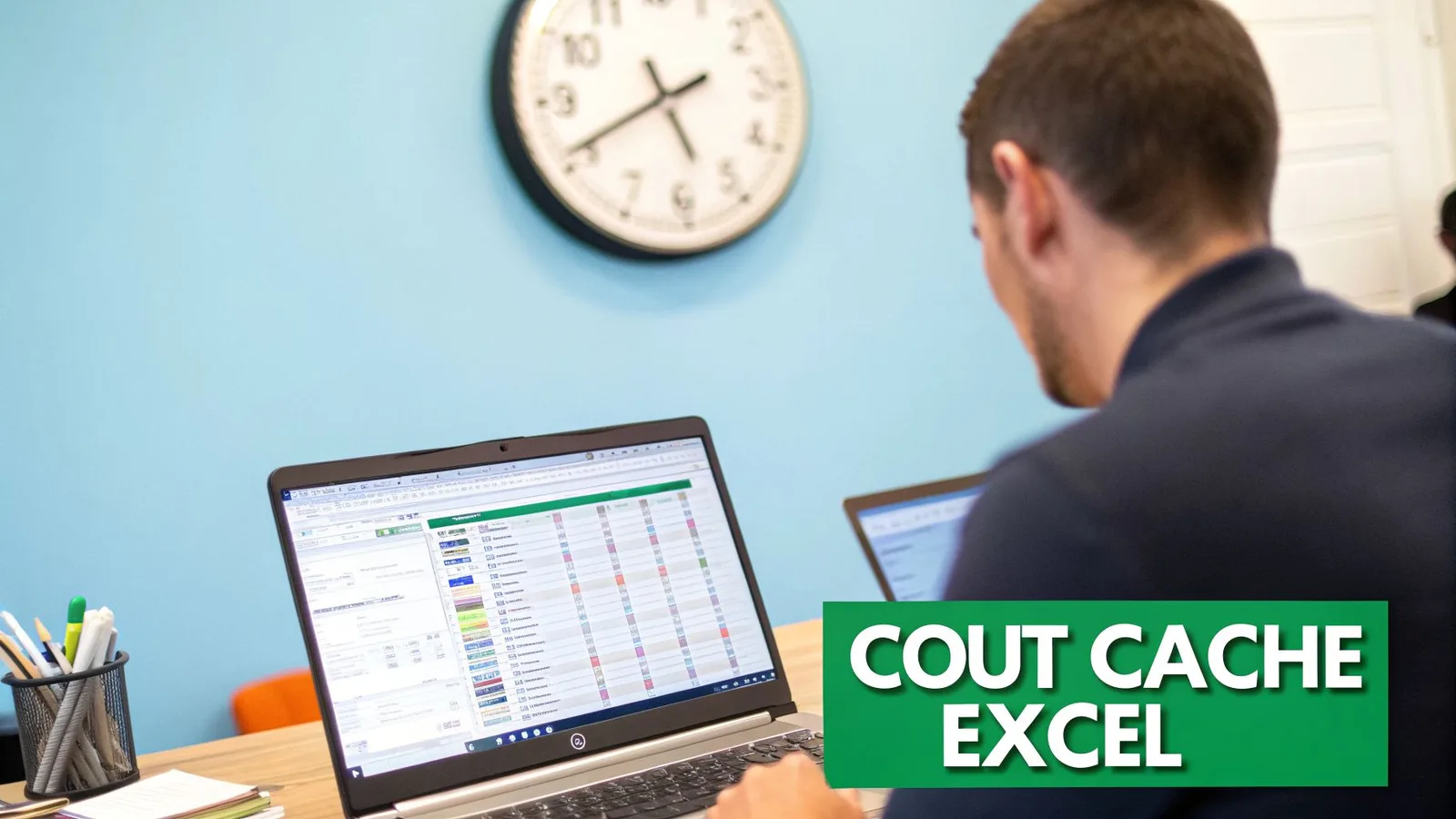 Un homme utilise un ordinateur portable affichant un tableau de données de type Excel, avec une horloge murale en arrière-plan. Le texte 'Coût caché Excel' est superposé.