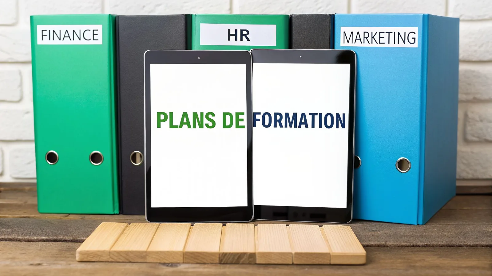 Quatre classeurs de couleur (Finance, HR, Marketing) et deux tablettes affichant les mots "PLANS DE FORMATION".