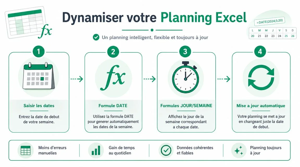 Infographie illustrant quatre étapes simples pour automatiser un planning semainier sur Microsoft Excel avec des formules.