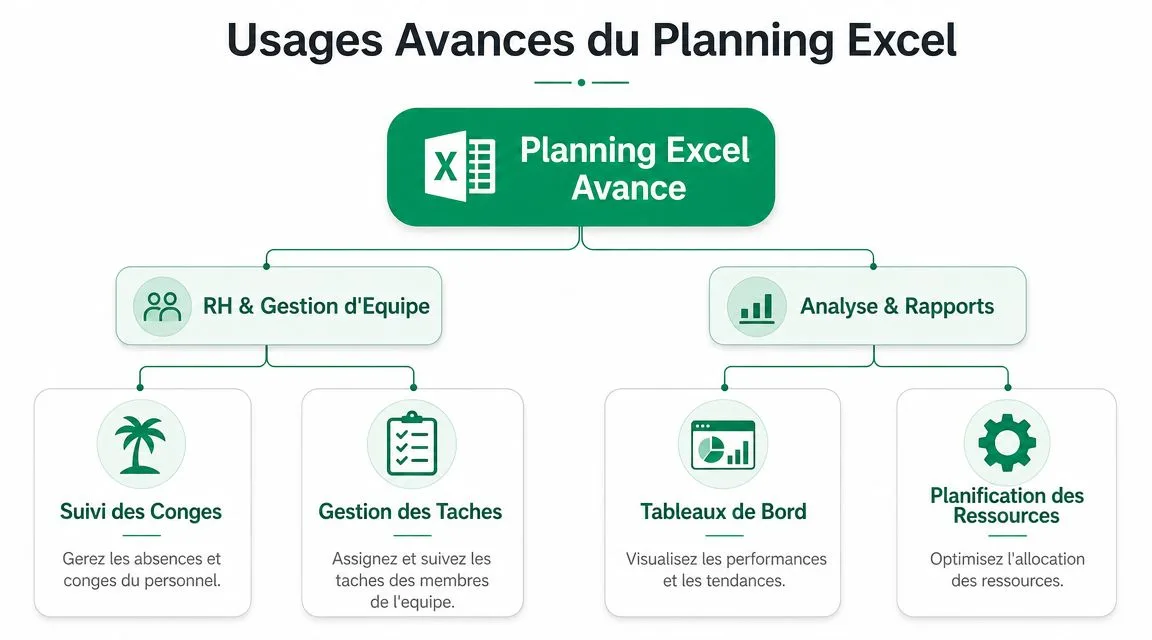Schéma illustrant les utilisations avancées du planning Excel pour la gestion d'équipe et l'analyse de données professionnelles.