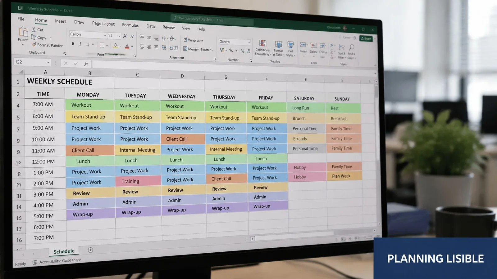 Un écran d'ordinateur affichant un emploi du temps hebdomadaire organisé sur une feuille de calcul Excel.