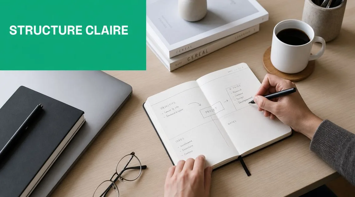 Une personne écrivant dans un carnet ouvert sur un bureau organisé avec un ordinateur portable et café.