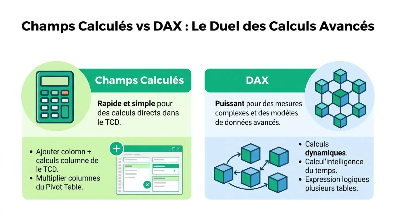 Comparaison infographique entre les champs calculés et DAX pour les calculs avancés dans les tableaux croisés dynamiques.