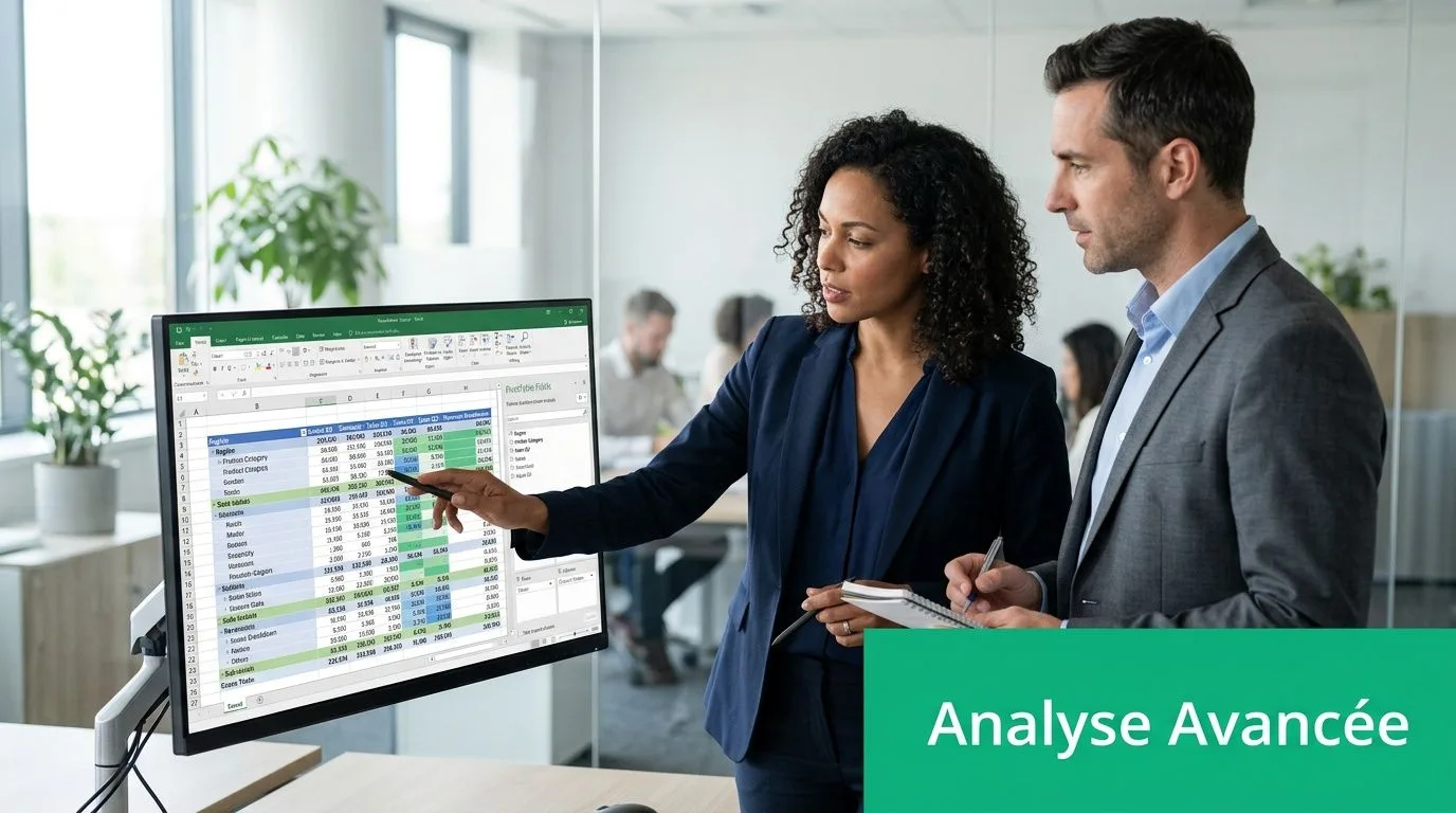 Une femme et un homme d'affaires analysent ensemble les données d'un tableau croisé dynamique sur écran.