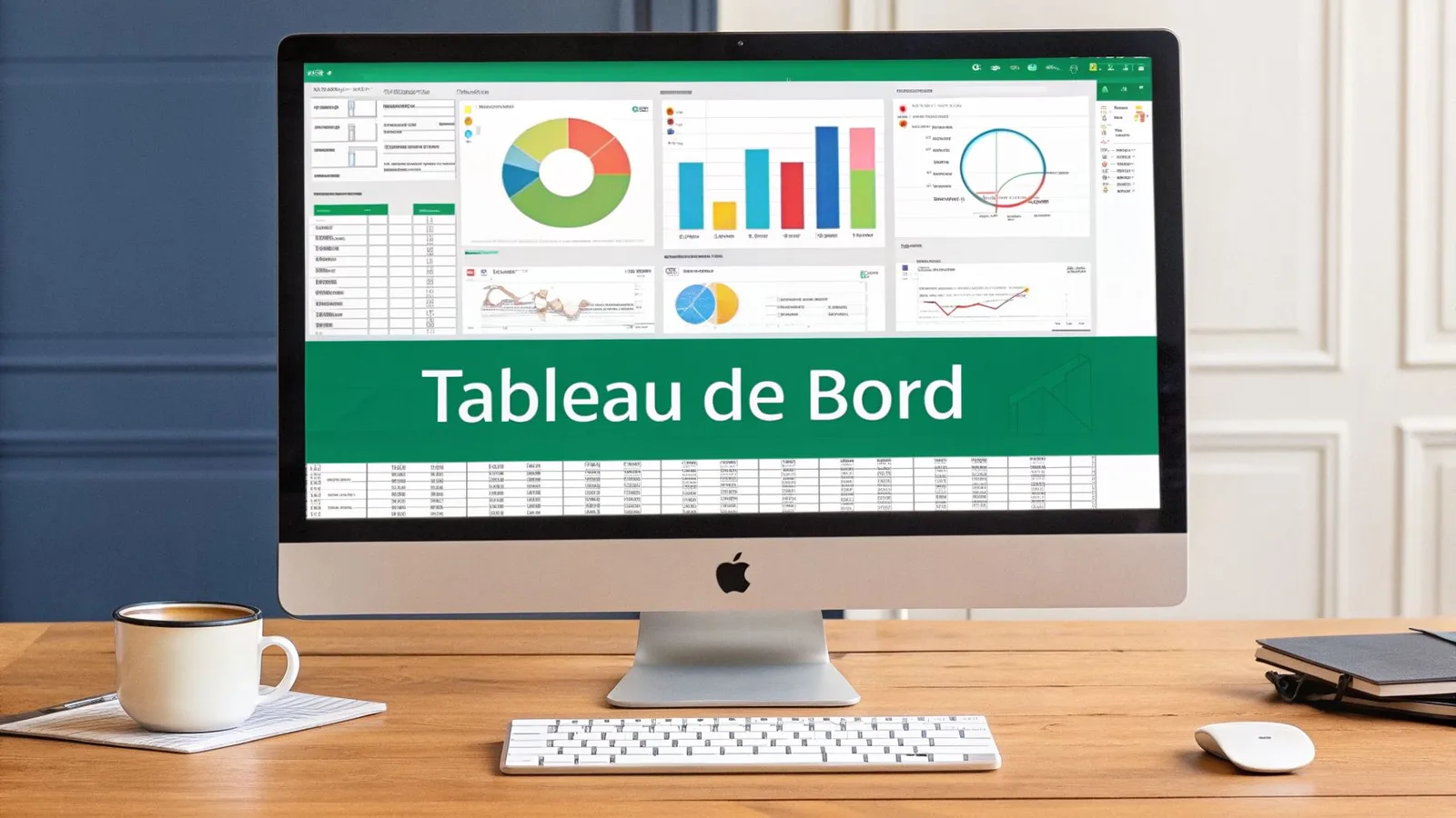 Un iMac sur un bureau en bois affichant un tableau de bord Excel avec des graphiques et des données.