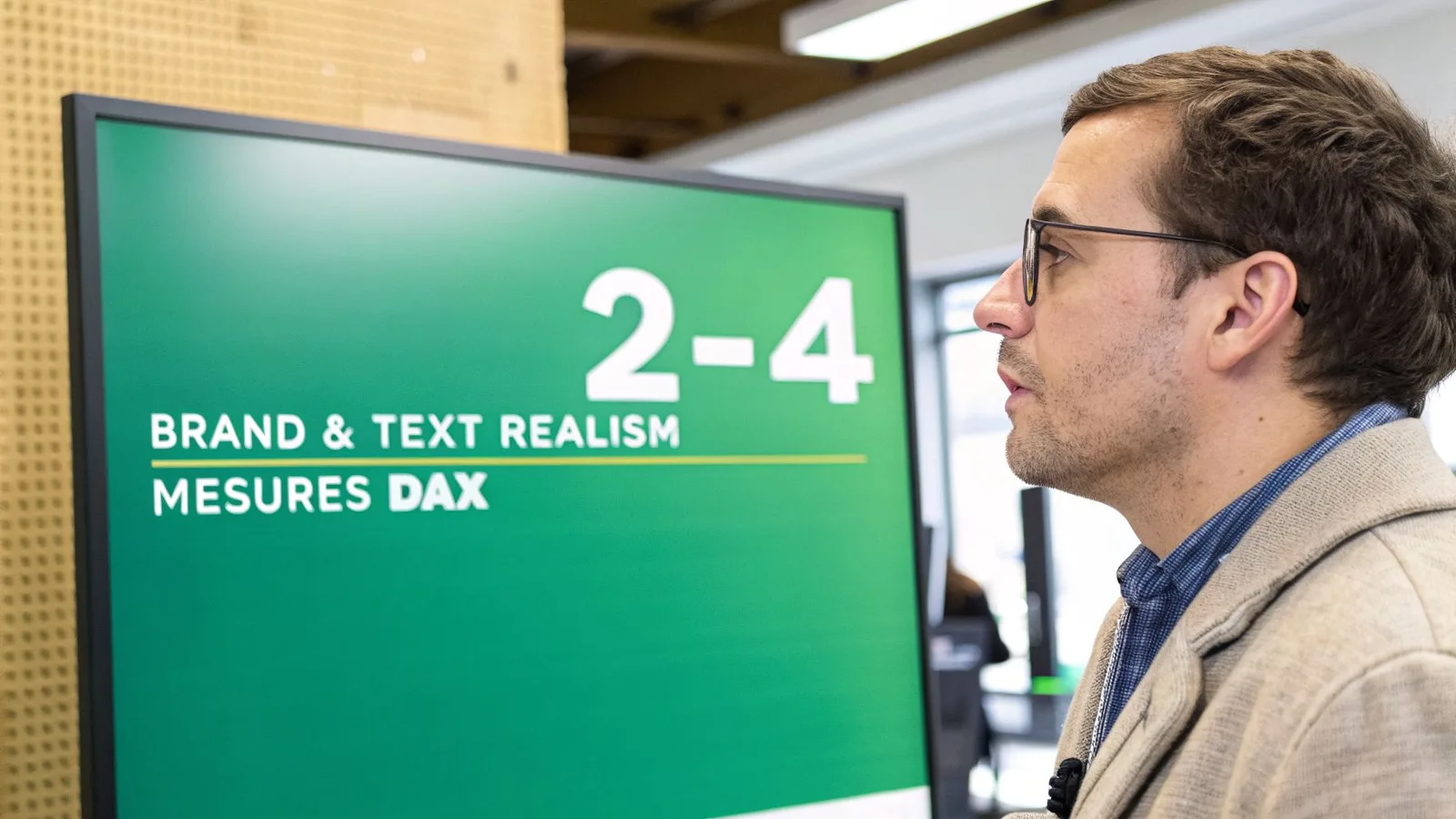 Vue latérale d'un homme regardant un écran vert affichant "BRAND & TEXT REALISM" et "MESURES DAX".