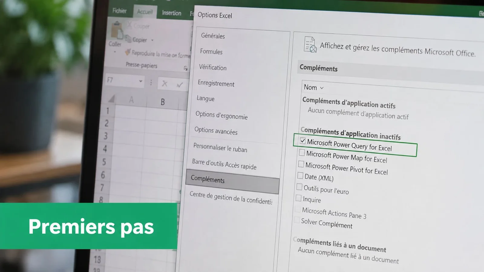 Capture d'écran de la fenêtre des options Excel affichant les compléments inactifs, dont Microsoft Power Query.