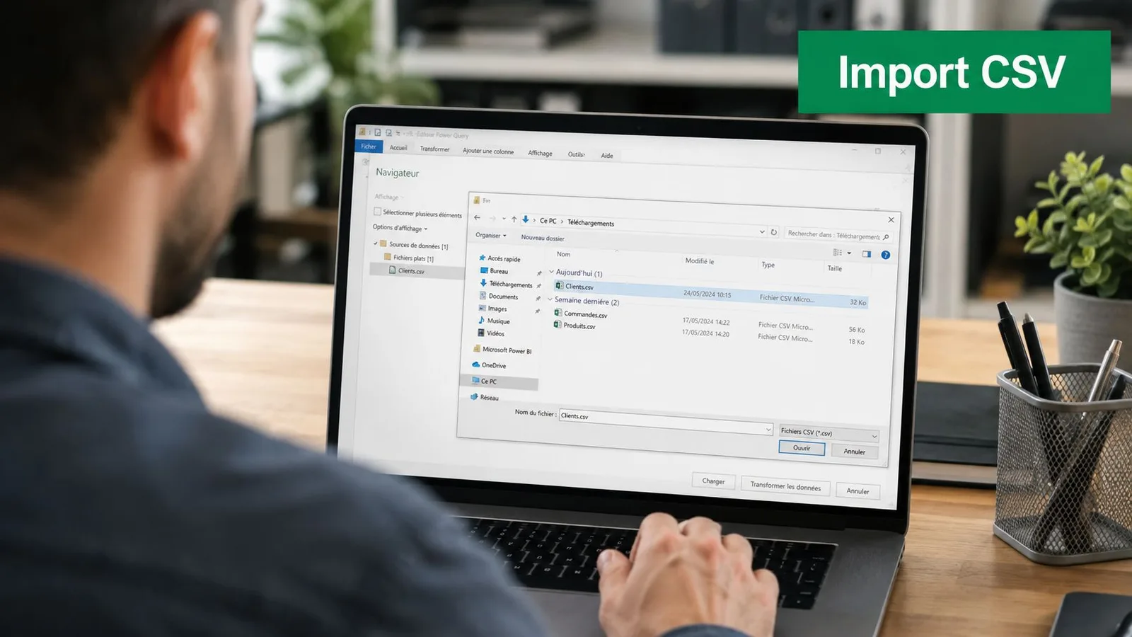 Une personne utilisant Power Query sur son ordinateur portable pour importer un fichier CSV dans ses données.