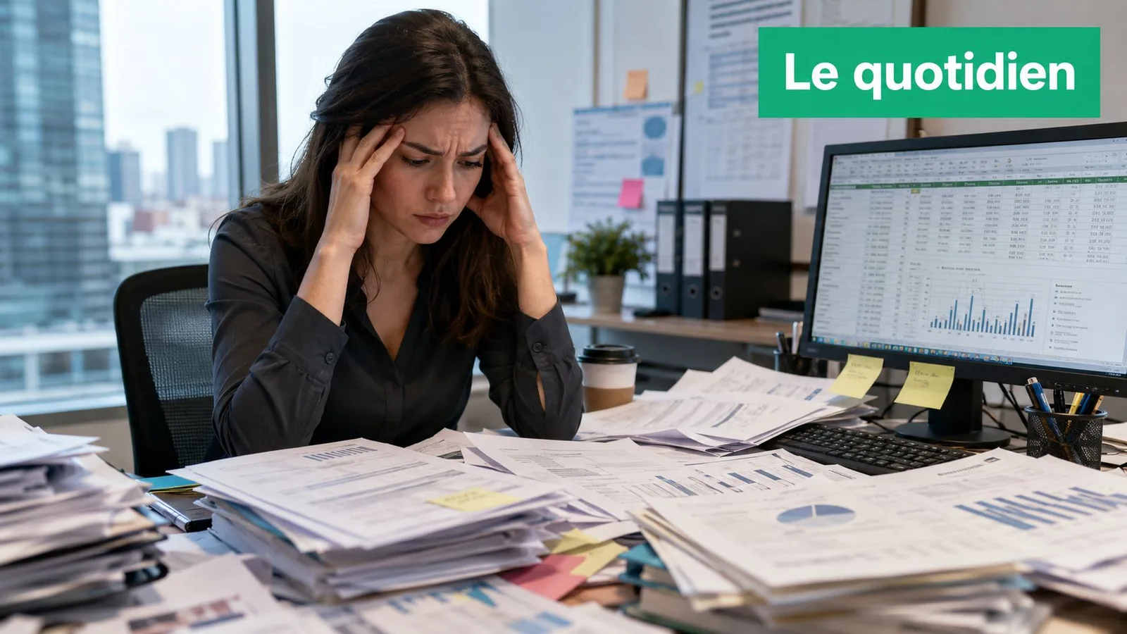 Une employée de bureau stressée, les mains sur la tête, entourée de piles de documents financiers complexes.