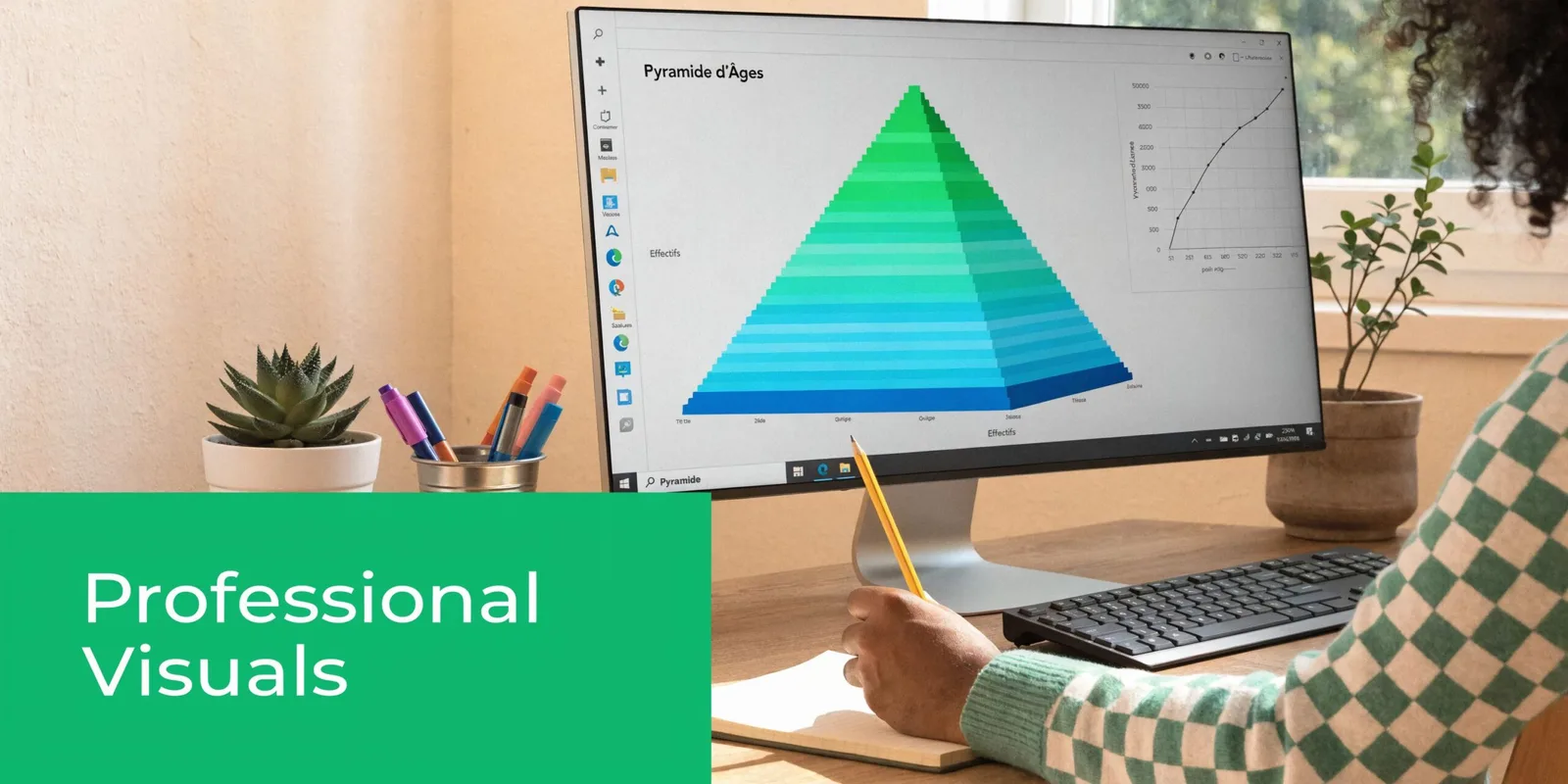 Une personne travaille sur un ordinateur affichant une pyramide des âges colorée sur un bureau organisé.