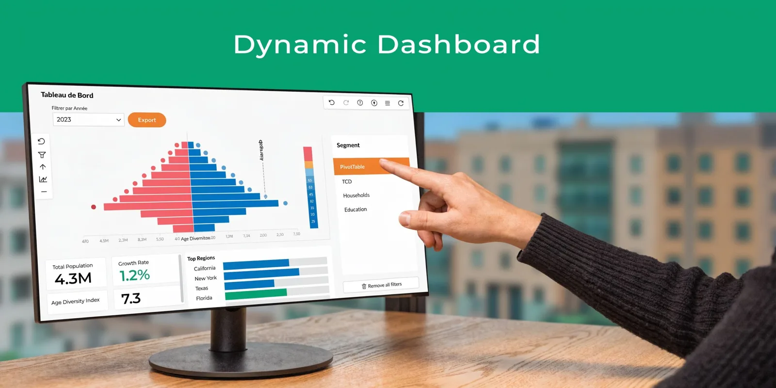 Une main pointe un tableau de bord dynamique interactif affichant une pyramide des âges et des données démographiques.