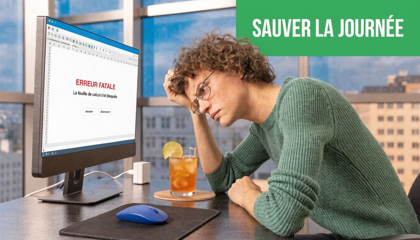 Un jeune homme stressé devant son ordinateur affichant une erreur fatale sur un tableur au bureau.