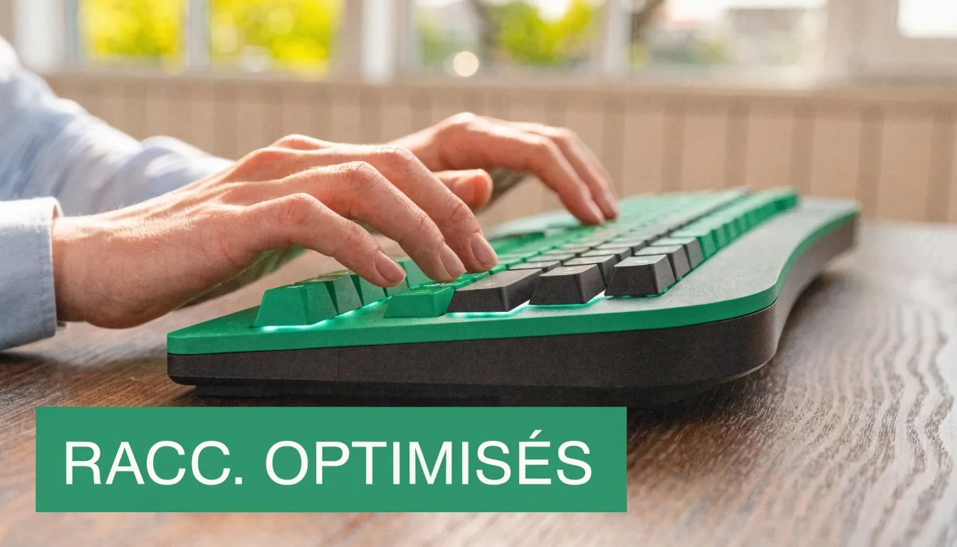 Une personne utilisant un clavier ergonomique vert et noir pour optimiser ses raccourcis clavier au travail.