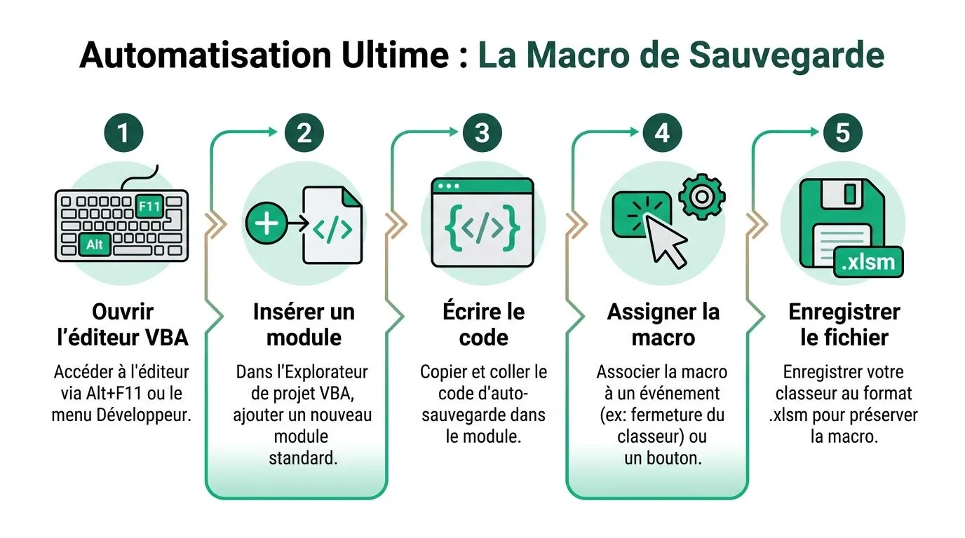 Infographie étape par étape expliquant comment créer une macro de sauvegarde automatique dans Microsoft Excel.