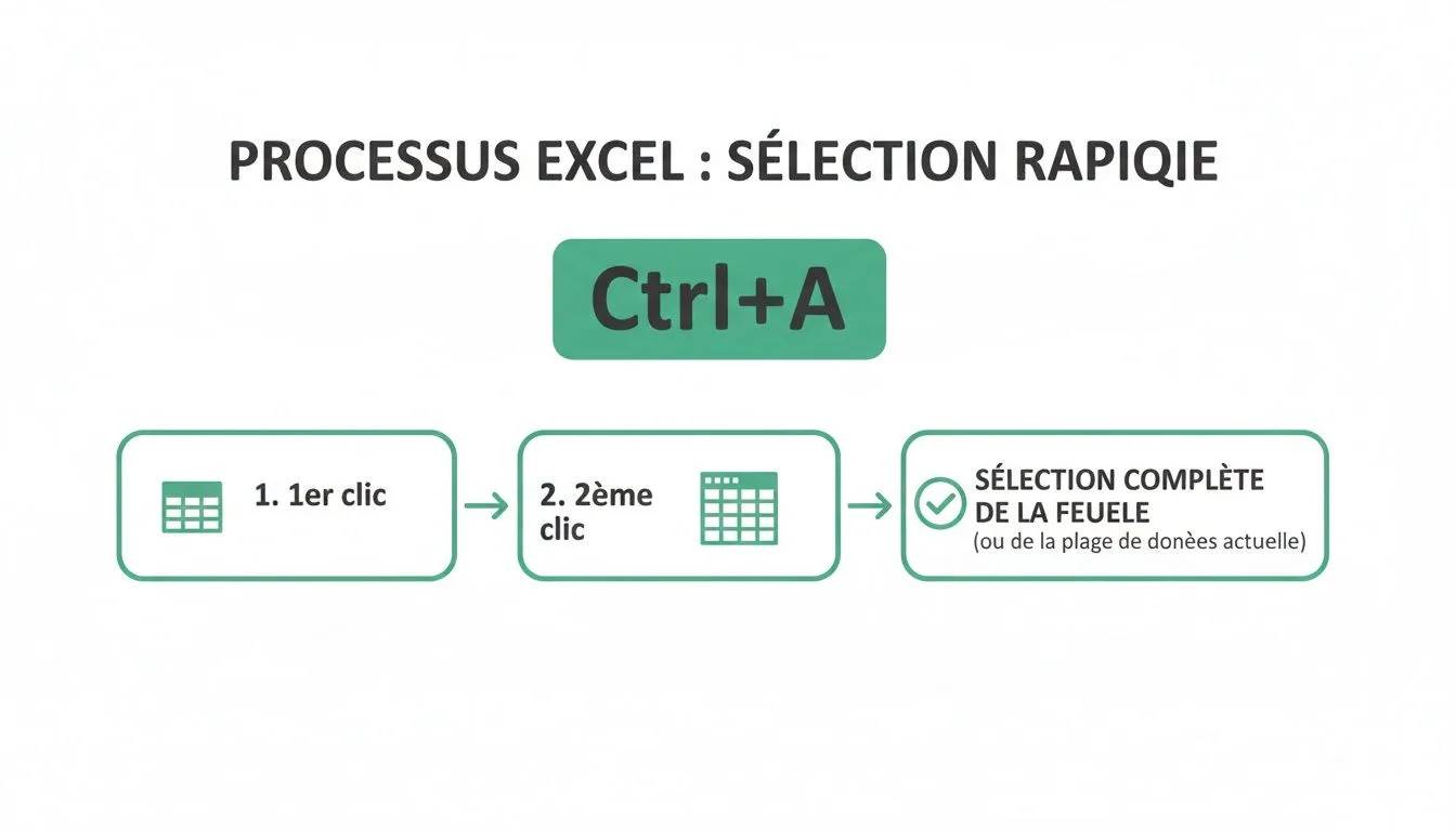 Image expliquant le processus de sélection rapide dans Excel avec Ctrl+A pour sélectionner la feuille entière.