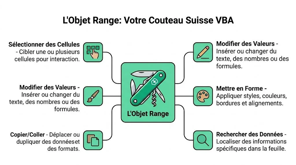Infographie illustrant les fonctionnalités de l'objet Range comme le couteau suisse de la programmation VBA Excel.