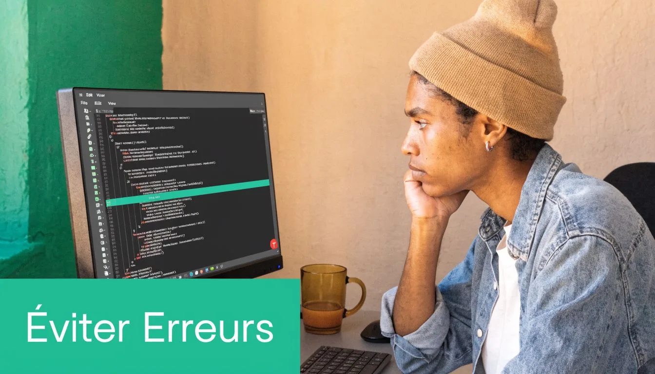 Un jeune développeur réfléchit devant son écran affichant du code informatique complexe pour apprendre la programmation VBA.