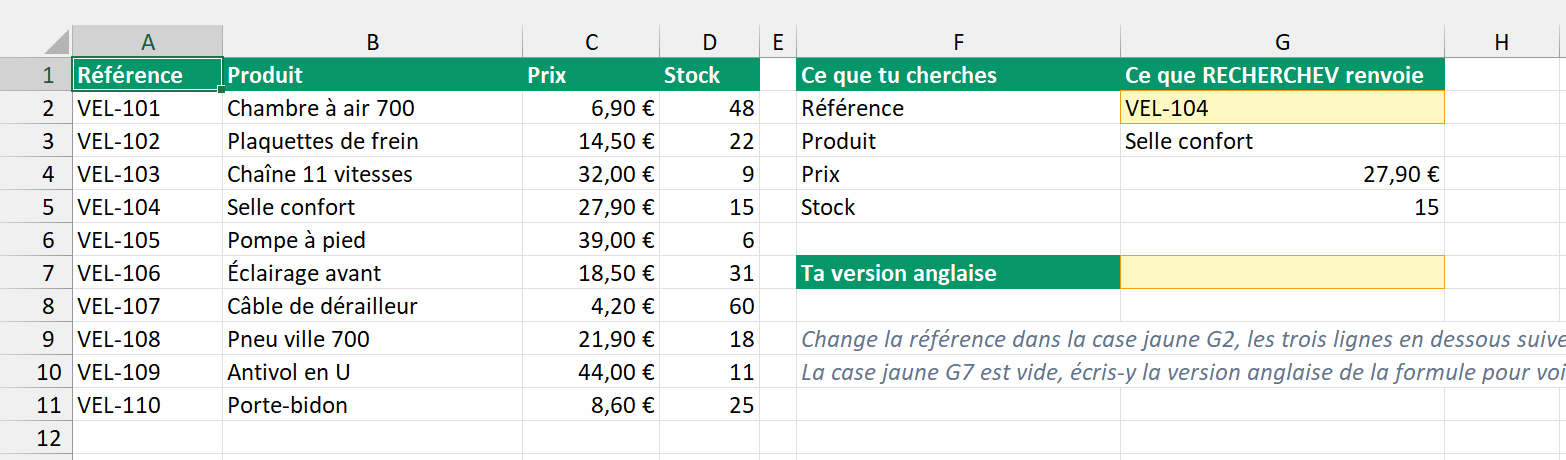 La feuille Catalogue du classeur, dix pièces de vélo en colonnes A à D et la zone de recherche en F et G, avec la case jaune G2 déjà remplie et la case jaune G7 laissée vide