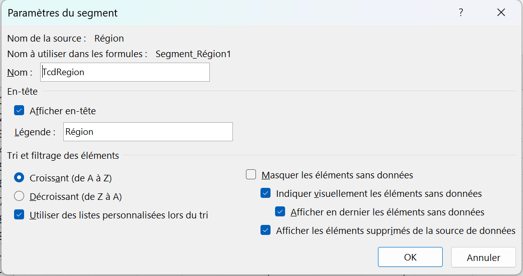 La fenêtre Paramètres du segment, avec la Légende, l’ordre de tri et les cases pour les éléments sans données