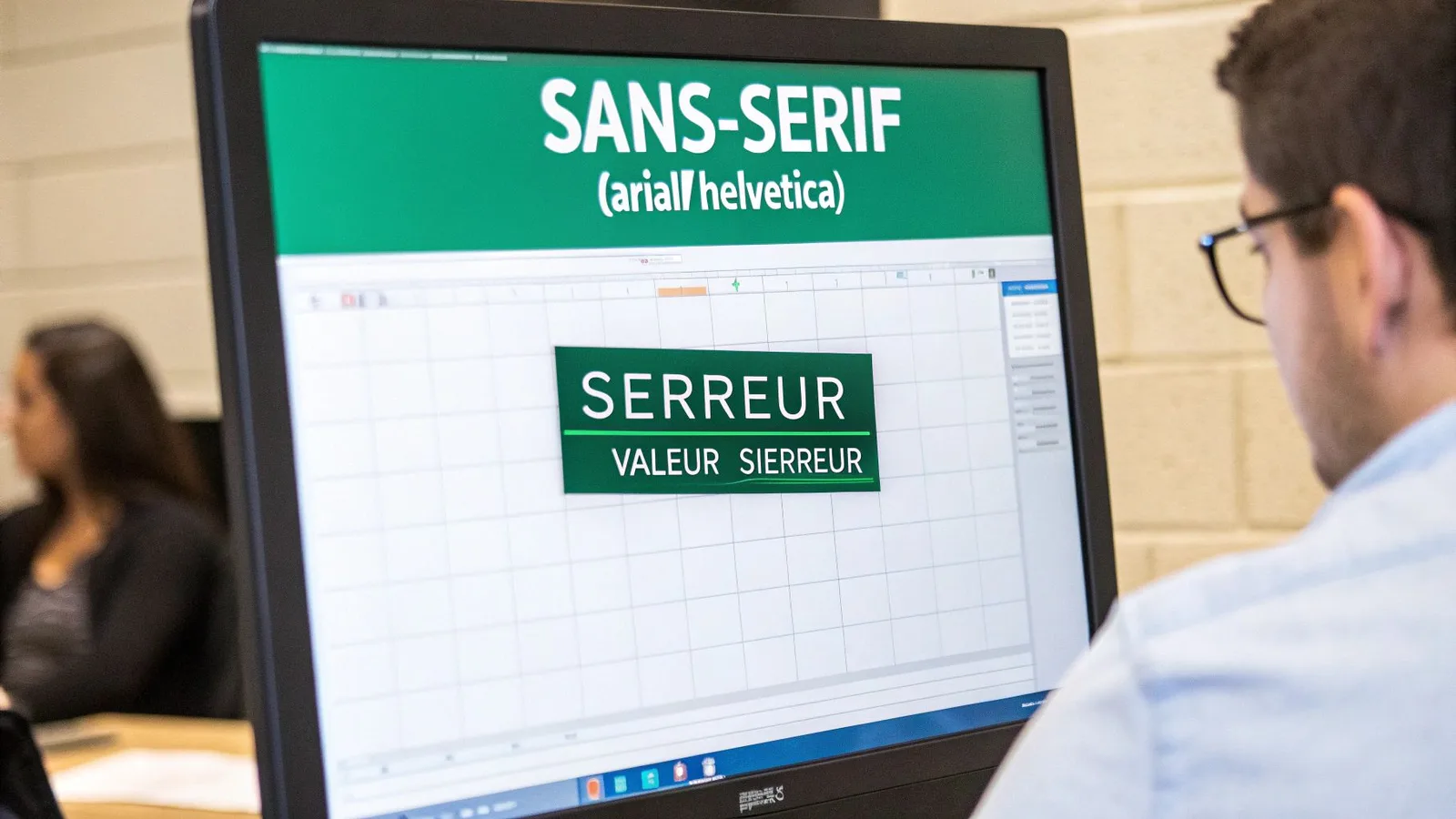 Un écran d'ordinateur affiche une feuille de calcul avec des textes "SANS-SERIF" et "SERREUR VALEUR SIERREUR".