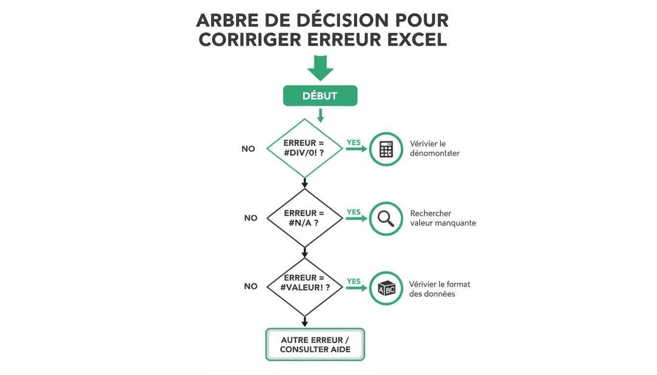 Un arbre de décision détaillant les étapes pour corriger différentes erreurs Excel comme #DIV/0!, #N/A, et #VALEUR!.