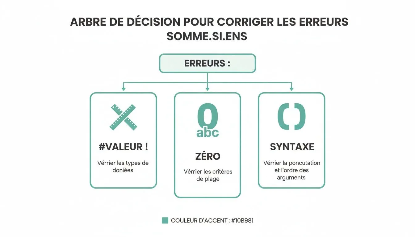 Arbre de décision pour corriger les erreurs de la fonction SOMME.SI.ENS, présentant trois catégories d'erreurs et leurs solutions.