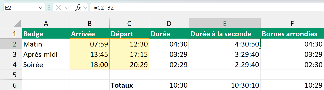 La feuille Secondes, cellule D2 au format h:mm qui affiche 04:30 et cellule E2 sélectionnée au format [h]:mm:ss qui affiche 4:30:50, et les trois totaux de la ligne 6, 10:30, 10:30:10 et 10:29