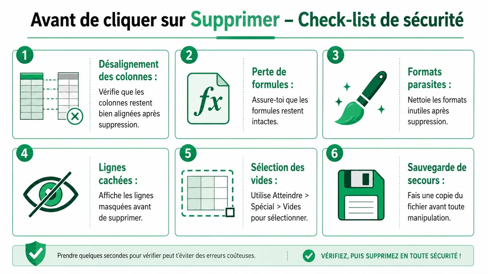 Une infographie avec une check-list de six étapes de sécurité à suivre avant de supprimer des données Excel.