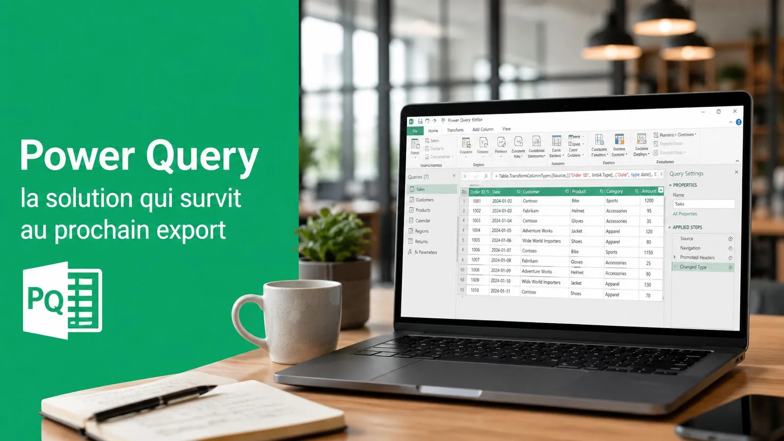 Un ordinateur portable affichant l'interface de l'éditeur Power Query sur un bureau avec un café.