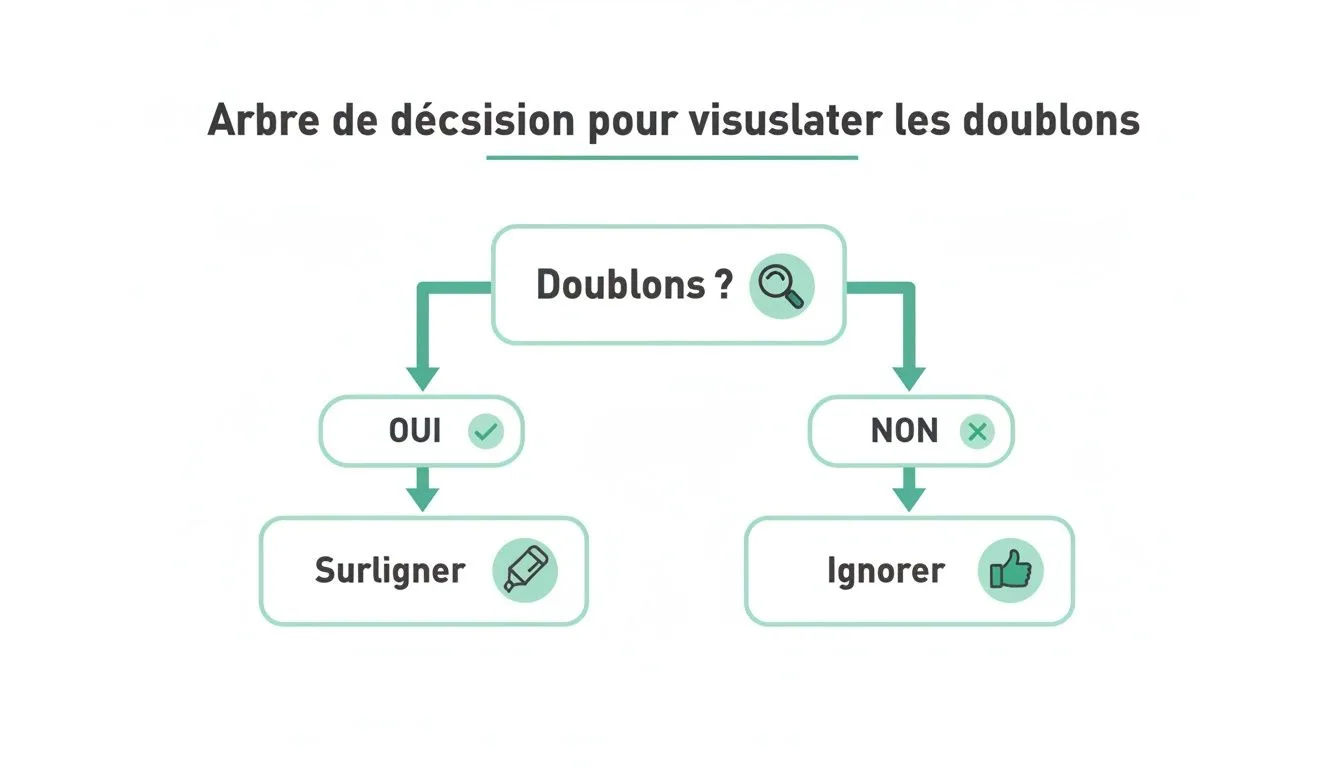 Diagramme d'arbre de décision expliquant comment identifier et gérer les doublons, avec des options pour surligner ou ignorer.