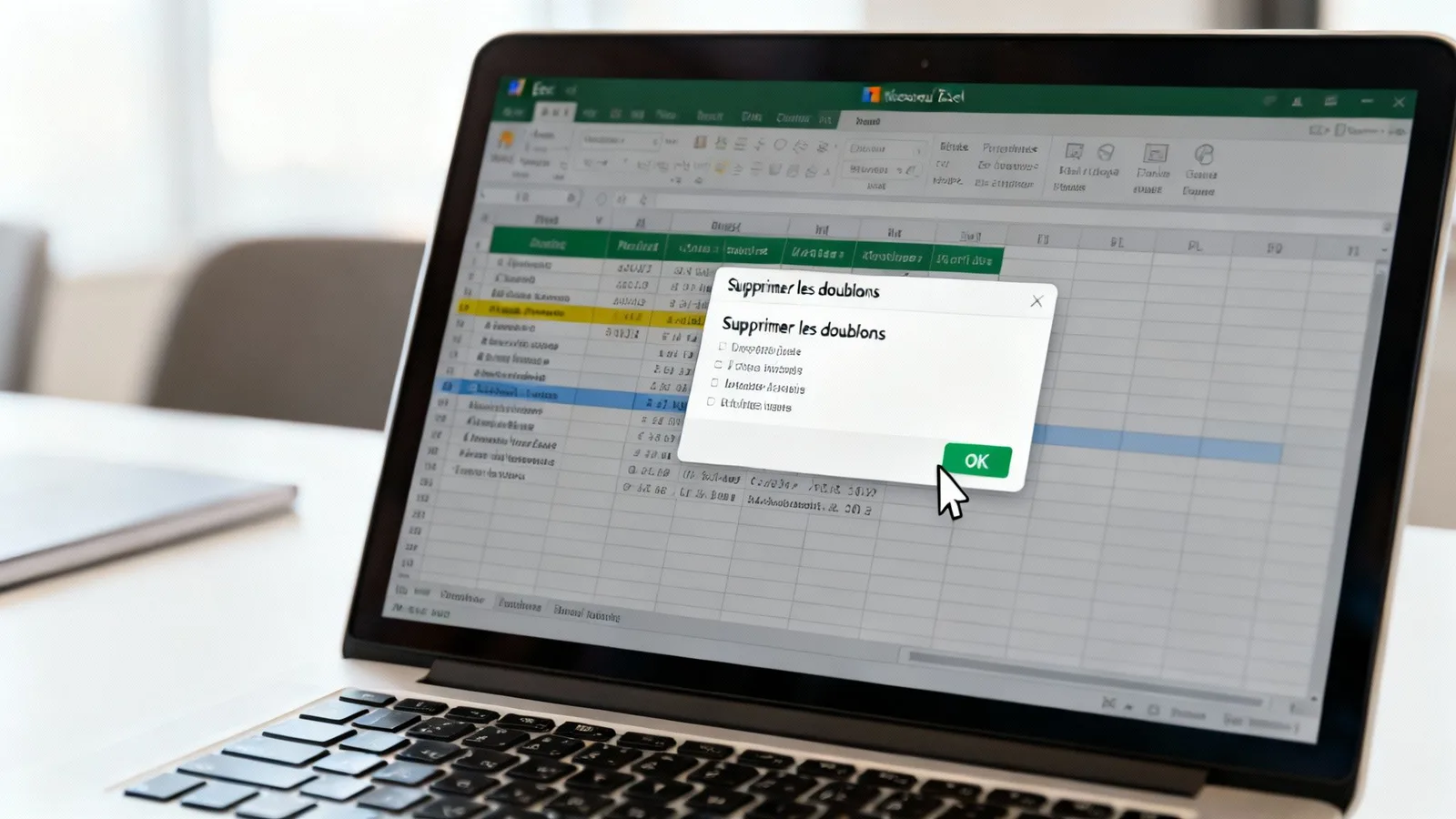Ordinateur portable affichant une feuille de calcul Excel avec une boîte de dialogue 'Supprimer les doublons' et un curseur de souris.