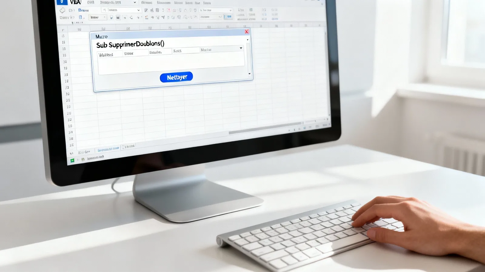 Main tapant sur un clavier devant un écran affichant Excel et une macro VBA pour supprimer les doublons.