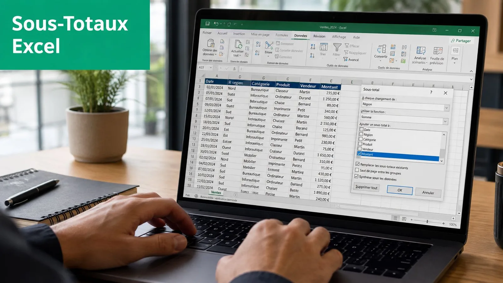 Une personne utilise un ordinateur portable pour configurer des sous-totaux dans un tableau de données Excel.
