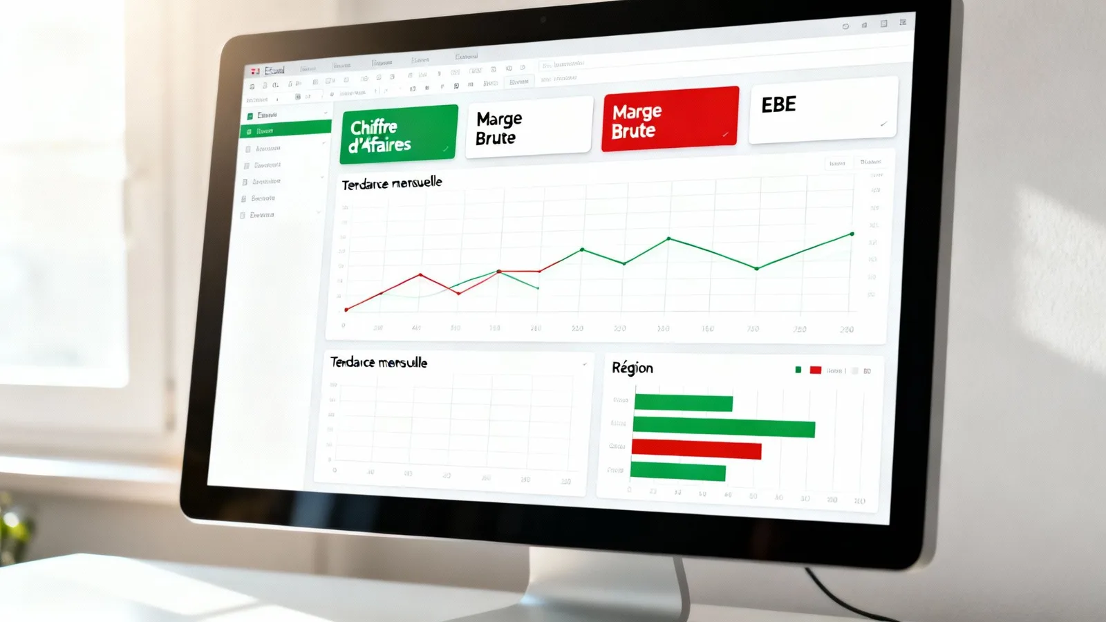 Tableau de bord financier affiché sur un écran d'ordinateur, avec graphiques de tendances et indicateurs de performance.