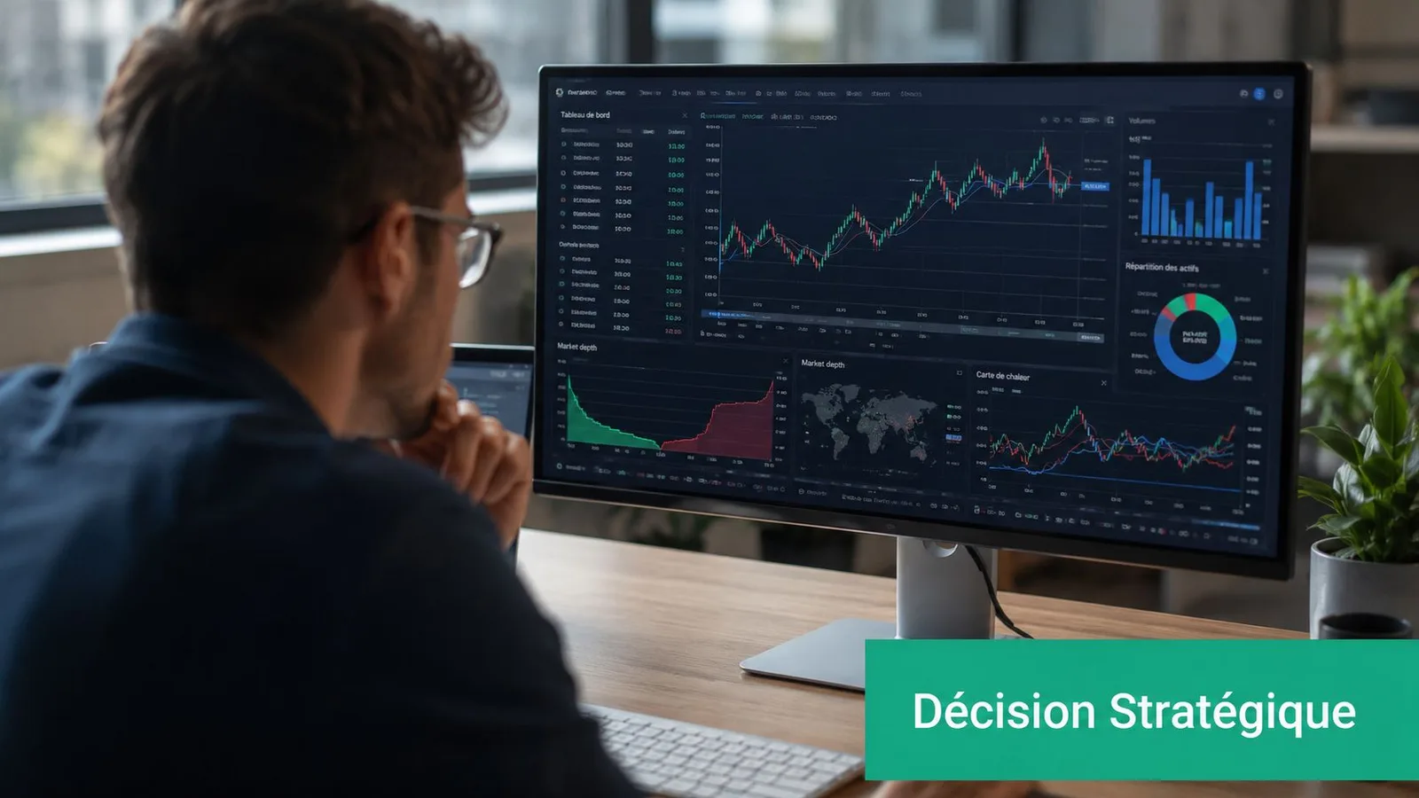 Un homme travaillant sur un tableau de bord financier complexe avec des graphiques boursiers sur son ordinateur.