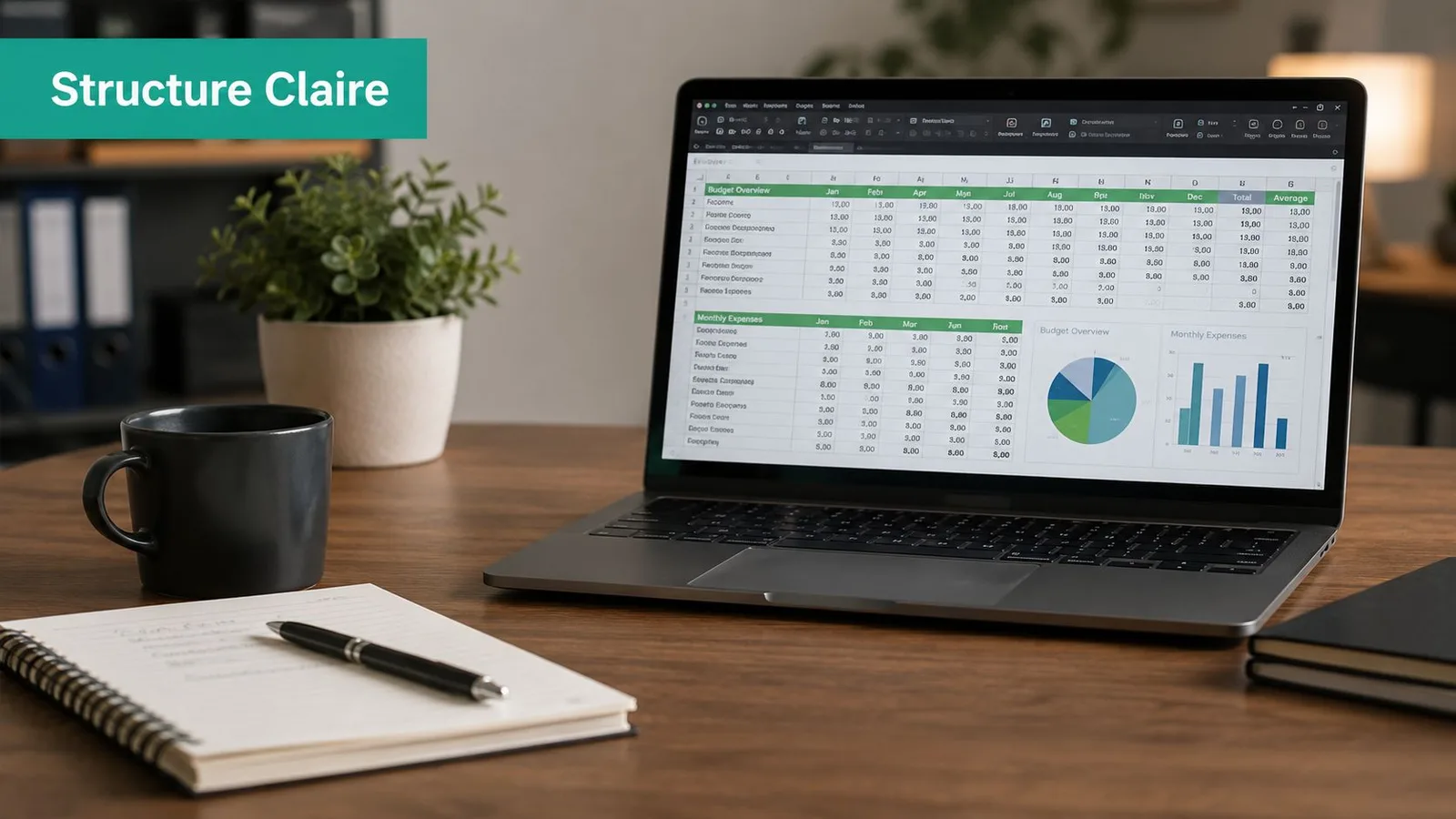 Un ordinateur portable affichant un tableau financier sur un bureau en bois avec un carnet et une tasse.