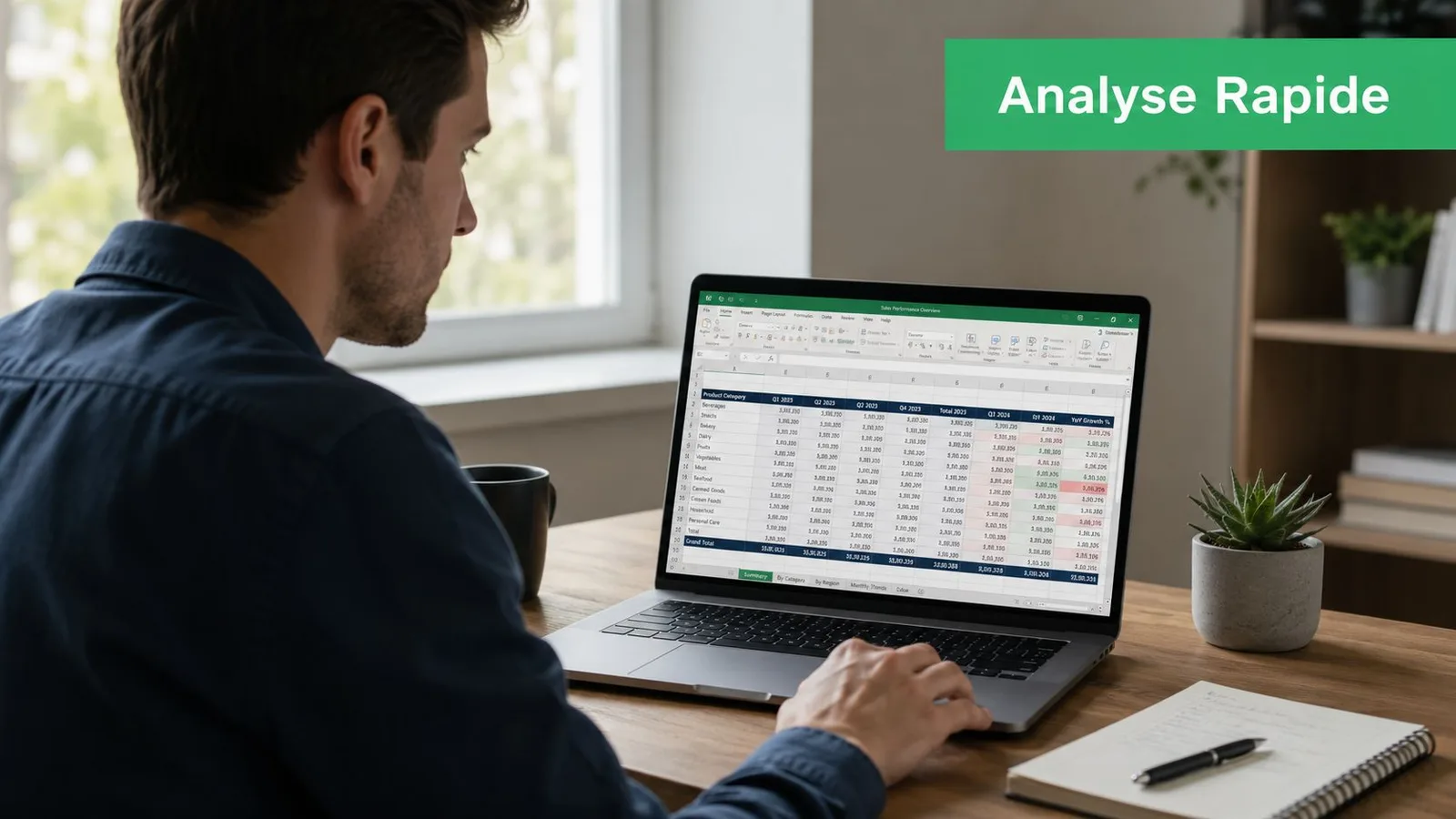 Un homme travaillant sur un ordinateur portable affichant un tableau Excel détaillé dans un bureau lumineux.