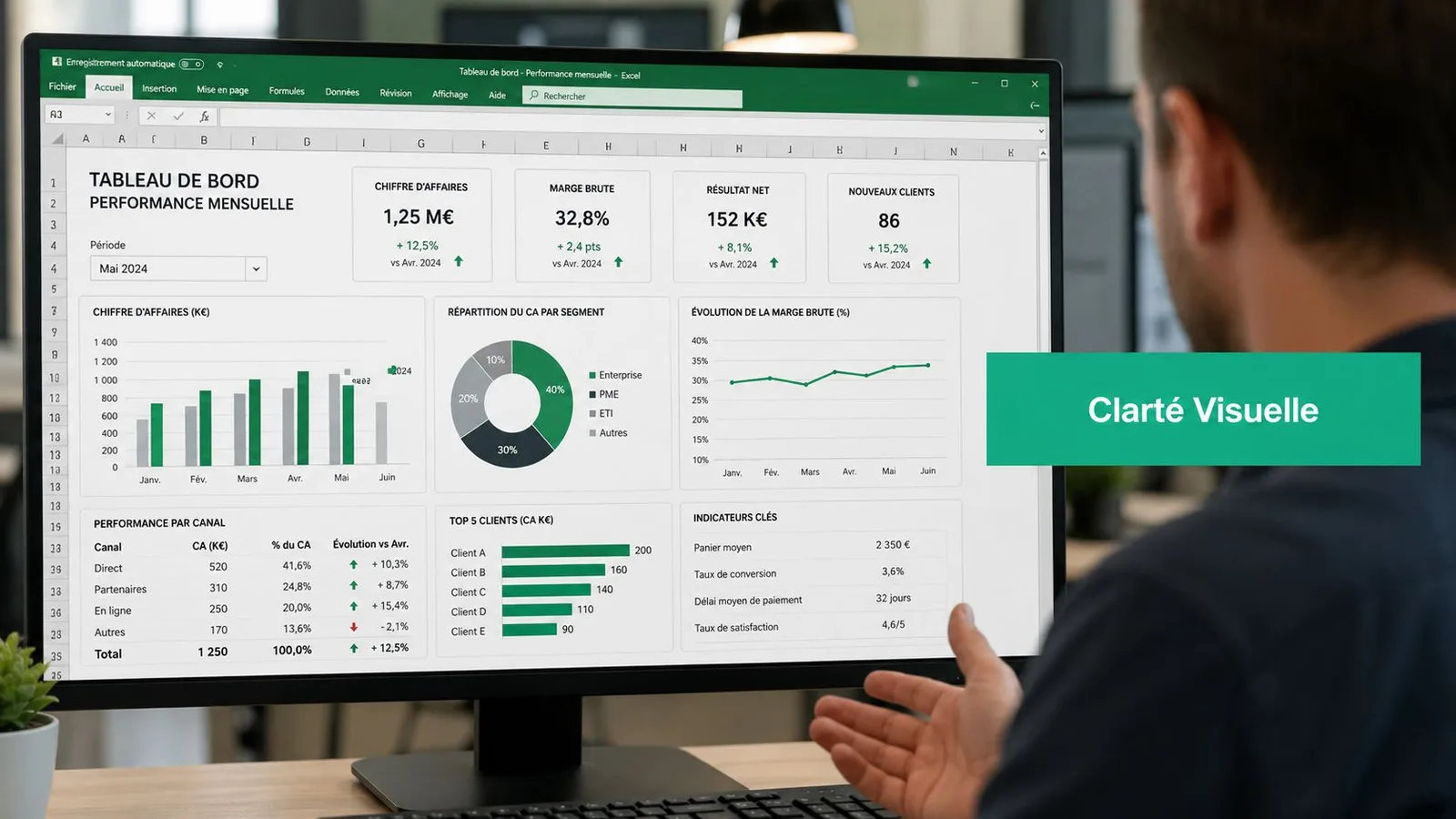 Un homme présente un tableau Excel de performance mensuelle affichant divers graphiques et indicateurs de gestion financière.