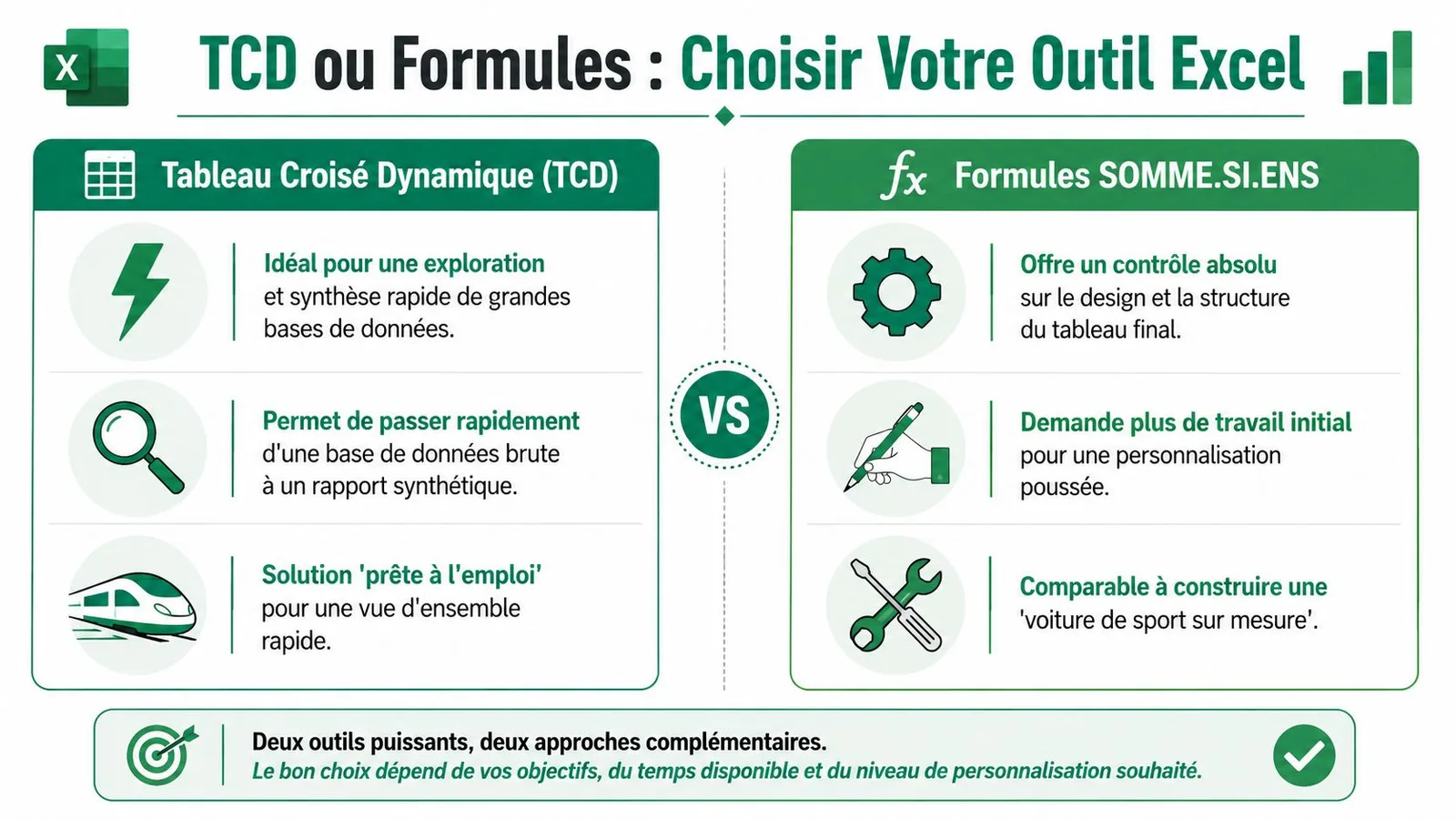 Comparaison infographique entre les tableaux croisés dynamiques et les formules SOMME.SI.ENS sur Microsoft Excel.