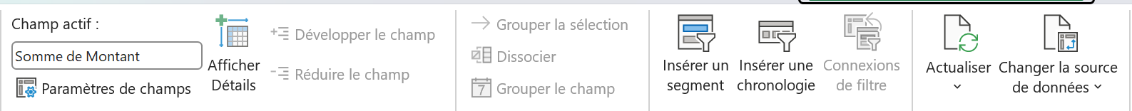 L’onglet Analyse du tableau croisé dynamique déplié, avec les boutons Actualiser, Changer la source de données et Paramètres de champs