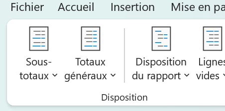 L’onglet Création déplié, avec les boutons Sous-totaux, Totaux généraux et Disposition du rapport dans le groupe Disposition