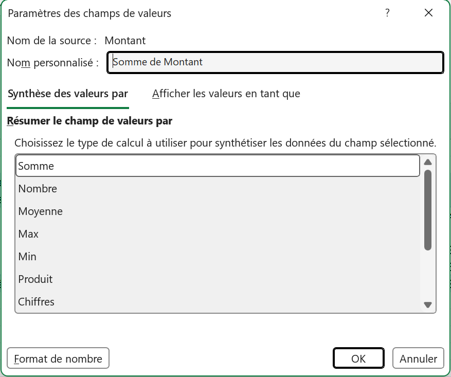La boîte Paramètres des champs de valeurs, avec la case Résumer le champ de valeurs par qui liste Somme, Nombre, Moyenne, Max, Min, Produit et Chiffres