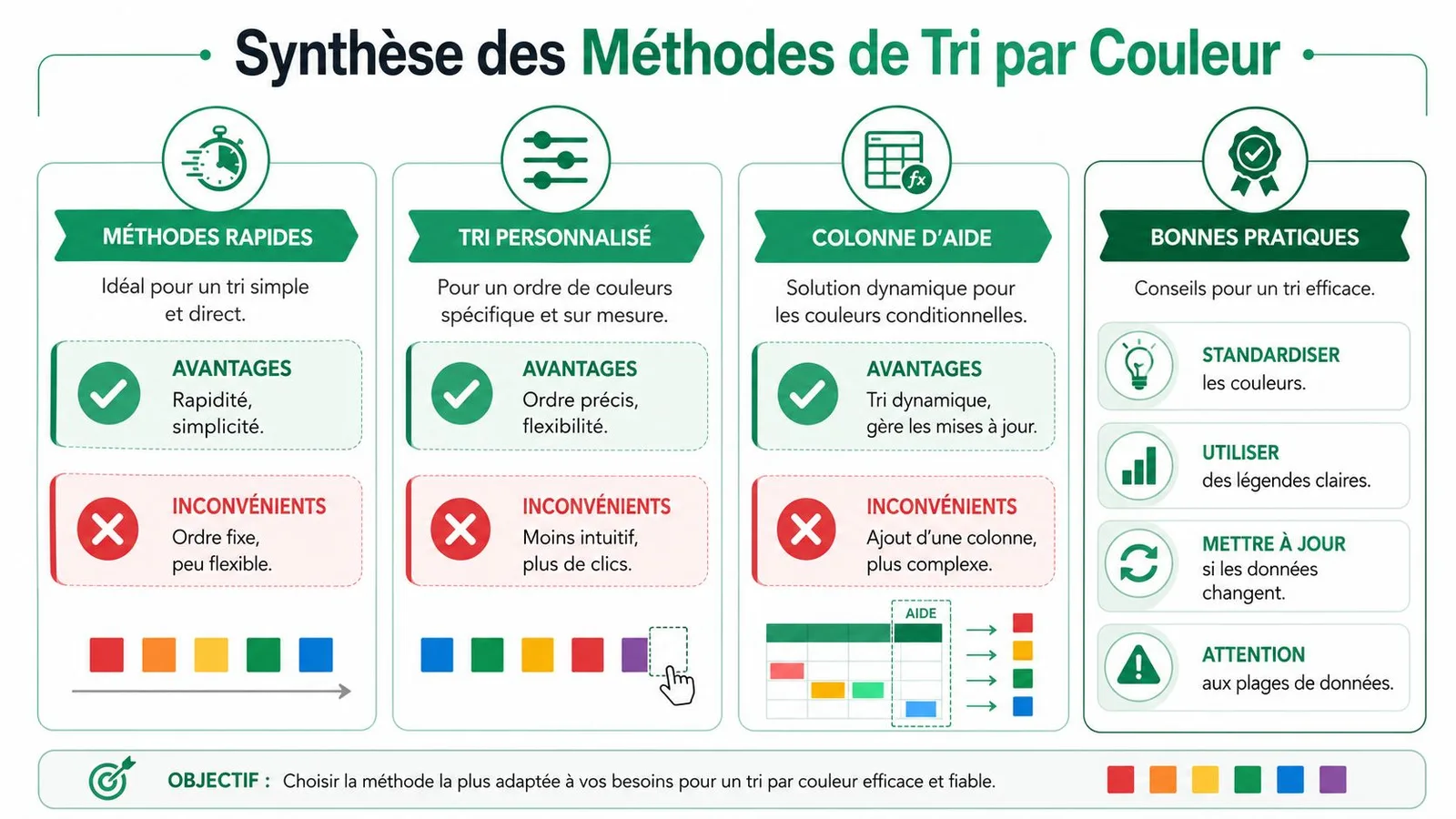Infographie résumant les différentes méthodes pour trier des cellules par couleur dans un tableur comme Excel.