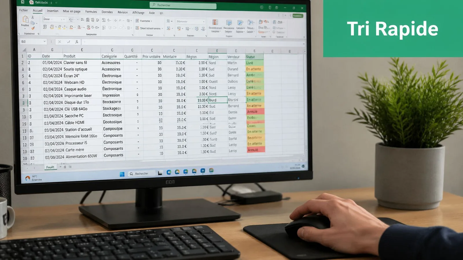 Un écran d'ordinateur affichant un tableur Excel avec des données colorées et une plante en arrière-plan.