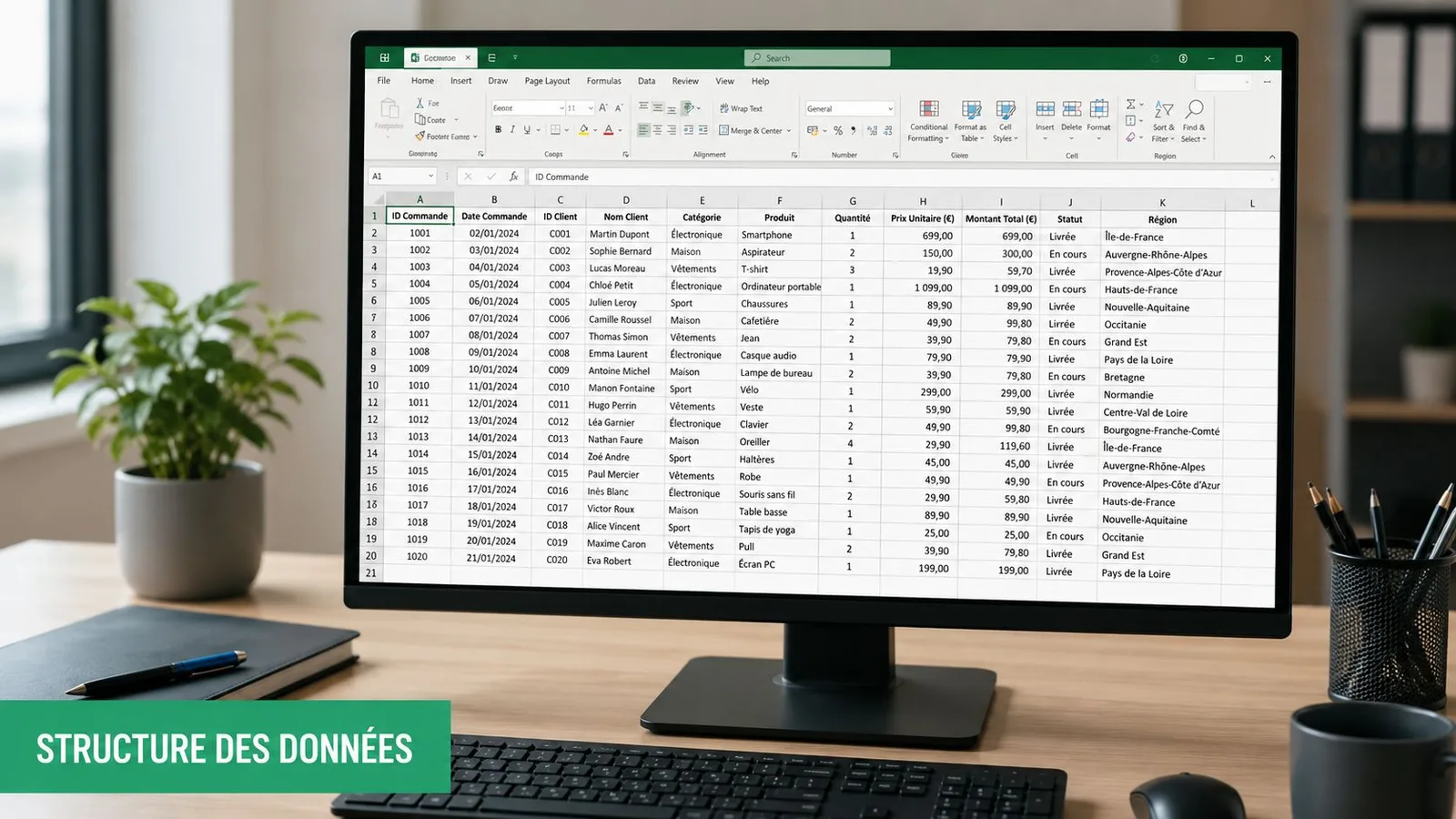 Un écran d'ordinateur affichant une feuille de calcul Excel détaillée contenant des données de gestion de commandes.