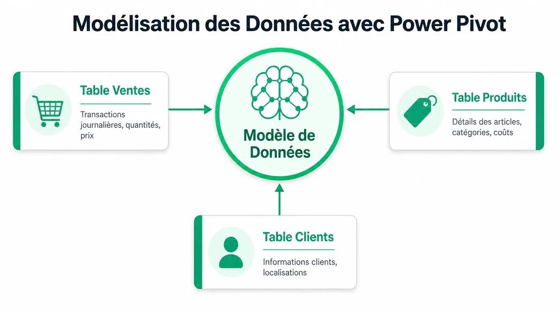 Schéma illustrant la modélisation des données avec Power Pivot reliant les tables Ventes, Produits et Clients.