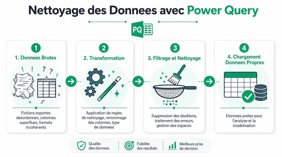 Schéma illustrant les quatre étapes du nettoyage de données avec Power Query, de la donnée brute à l'analyse.